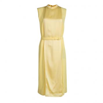 Pre Owned Gucci Yellow Overlay Sleeveless Belted Dress M
