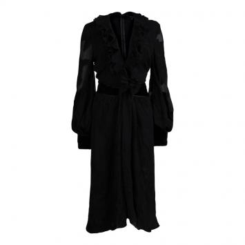 Pre Owned Gucci Black Jacquard Chiffon Ruffle Detail Long Sleeve Dress M