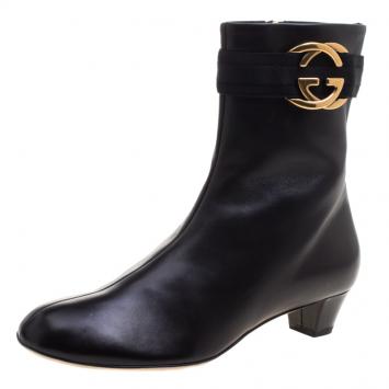 Pre Owned Gucci Black Leather Interlocking GG Ankle Boots Size 38
