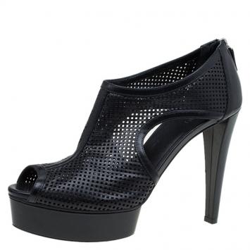 Pre Owned Gucci Black Perforated Leather Kim Platform Ankle Boots Size 39.5