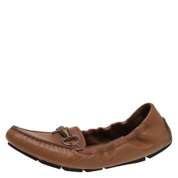 Pre Owned Gucci Brown Leather Bamboo Horsebit Moccasins Size 40.5