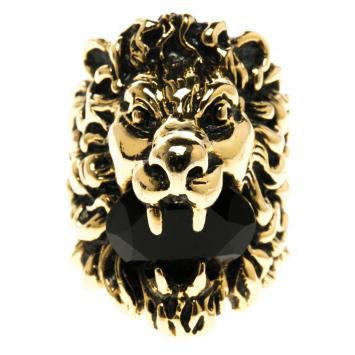 Pre Owned Gucci Black Crystal Lion Head Gold Tone Ring Size 56