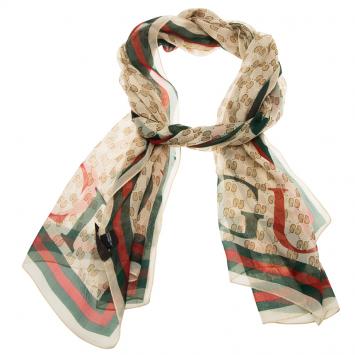 مملوكة مسبقً ا Gucci Beige GG mnogram Print Web Detail Silk Scarf
