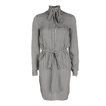 Pre Owned Gucci Monochrome Houndstooth Printed Silk Scarf Detail Belted Shirt Dress S
