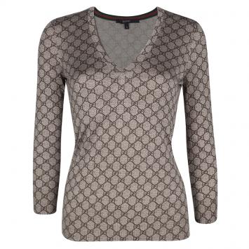Pre Owned Gucci Brown GG Logo Long Sleeve V Neck Sweater S