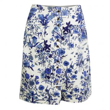 Pre Owned Gucci White And Blue Floral Printed Cotton Button Front Skirt M
