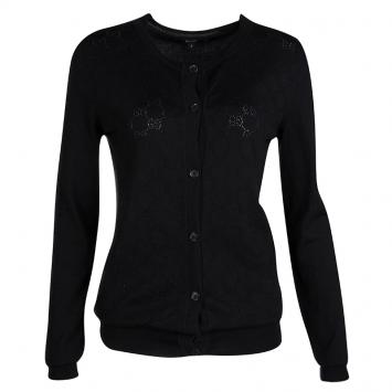 Pre Owned Gucci Black Monogrammed Perforated Knit Button Front Cardigan S