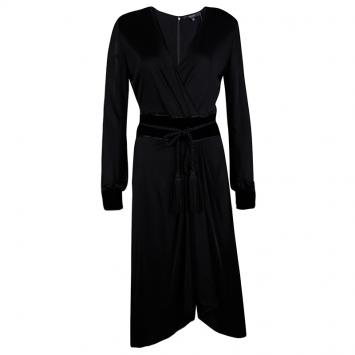 Pre Owned Gucci Black Velvet Trim Detail Long Sleeve Belted Dress M