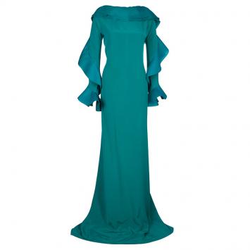 Pre Owned Gucci Turquoise Ruffle Maxi Dress S