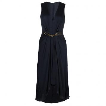 Pre Owned Gucci Black Crinkled Chiffon Embellished Waist Detail Sleeveless Dress S