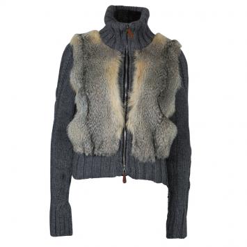 Pre Owned Gucci Grey Camel Wool Fox Fur Trim Zip Front Sweater S