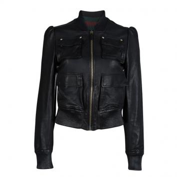 Pre Owned Gucci Black Leather Bomber Jacket S