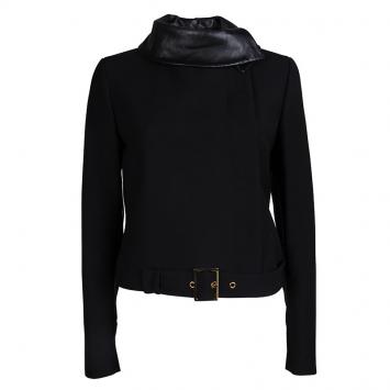 Pre Owned Gucci Black Leather Collar Detail Wool Jacket M