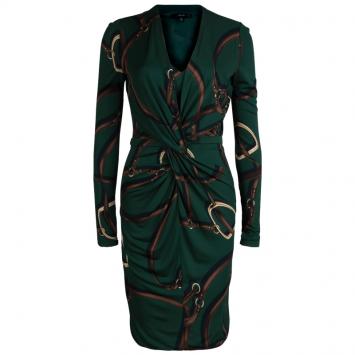 Pre Owned Gucci Bottle Green Printed Knit Draped Long Sleeve Dress XS