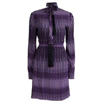 Pre Owned Gucci Purple Printed Silk Tassel Neck Tie Detail Belted Dress M