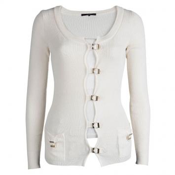 Pre Owned Gucci Cream Wool Buckle Detail Long Sleeve Cardigan M