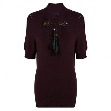 Pre Owned Gucci Burgundy Knit Tassel Detail Short Sleeve Sweater XL