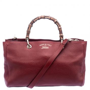 Pre Owned Gucci Red Leather Bamboo Top Handle Shopper Tote