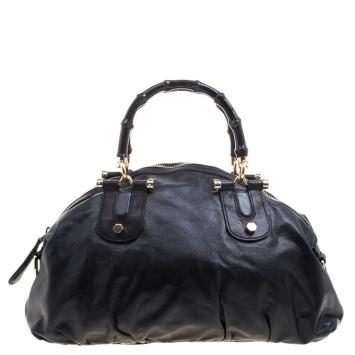 مملوكة مسبقًا Gucci Black Leather Pop Bamboo Top Handle Bag