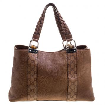 Pre Owned Gucci Brown Leather Guccissima Trim Medium Bamboo Bar Tote