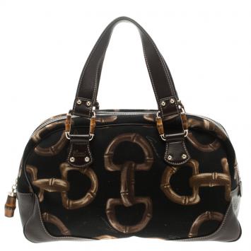 Pre Owned Gucci Dark Brown Bamboo Horsebit Print Canvas Boston Bag