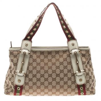 Pre Owned Gucci Beige GG Canvas Grommet Straps Pelham Tote