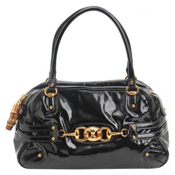 Pre Owned Gucci Black Patent Leather Wave Boston Bag