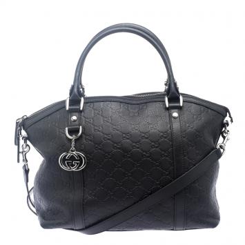 مملوكة مسبقًا Gucci Black Guccissima Leather Convertible GG Charm Dome Satchel