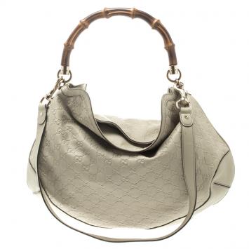 مملوكة مسبقًا Gucci Off White Guccissima Leather Peggy Bamboo Top Handle Bag