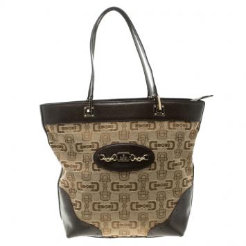 Pre Owned Gucci Beige/Brown Horsebit Canvas and Leather Punch Tote