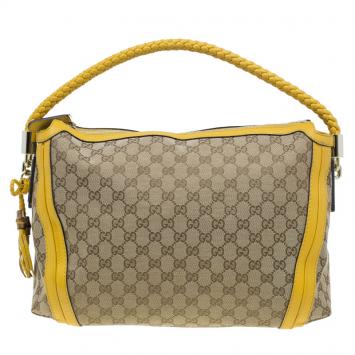 Pre Owned Gucci Beige Canvas and  Yellow Leather Trim Bella Tote