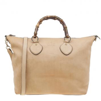 Pre Owned Gucci Beige Leather Medium Bamboo Shopper Tote