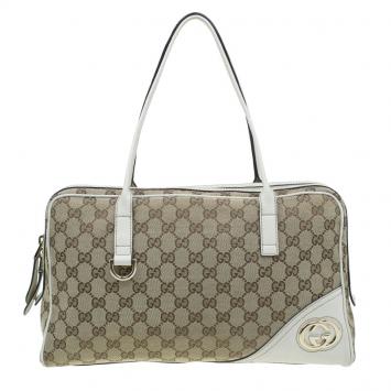 Pre Owned Gucci Beige/White Canvas Signature GG Britt Boston Bag