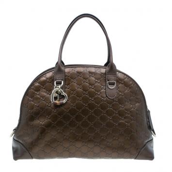 Pre Owned Gucci Metallic Brown Leather Medium Guccissima Heart Bit Top Handle Dome Bag