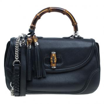 Pre Owned Gucci Black Leather Large New Bamboo Tassel Top Handle bag 