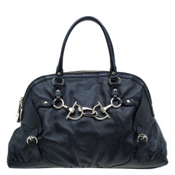 Pre Owned Gucci Black Leather Medium Horsebit Nail Boston Bag