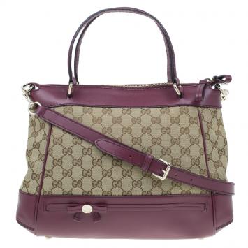 Pre Owned Gucci Purple Monogram Leather/Canvas Medium Mayfair Bow Top Handle Bag