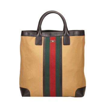 Pre Owned Gucci Beige Web Detail Fabric Tote 