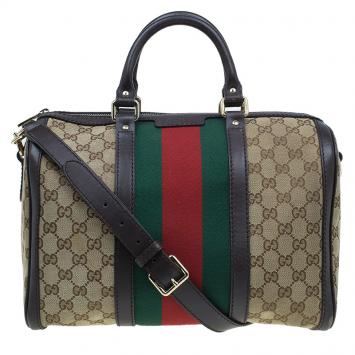 Pre Owned Gucci Brown/Beige GG Canvas Medium Vintage Web Boston Bag