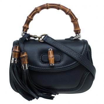 Pre Owned Gucci Black Leather Small New Bamboo Top Handle Bag