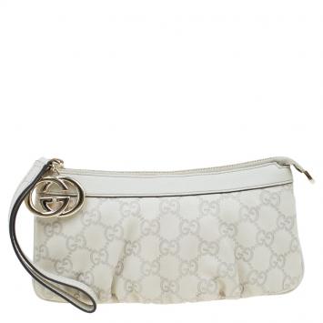 Pre Owned Gucci Off White Guccissima Leather Interlocking G Wristlet Pouch