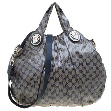 Pre Owned Gucci Blue/Grey GG Crystal Coated Canvas Hysteria Top Handle Bag