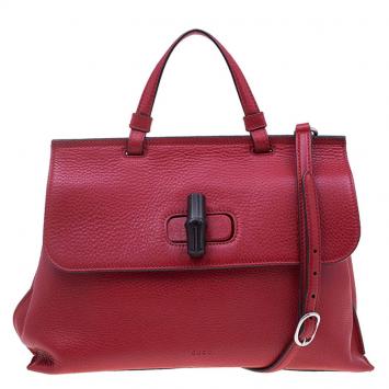 Pre Owned Gucci Red Leather Medium Bamboo Daily Top Handle Bag