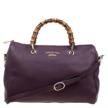 Pre Owned Gucci Burgundy Pebbled Leather Medium Bamboo Boston Bag