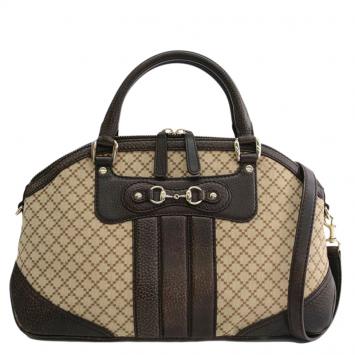 Pre Owned Gucci  Brown Leather/ Canvas Horsebit Diamante Tote Bag
