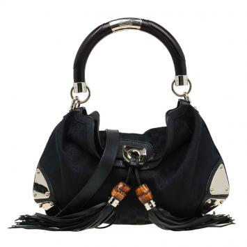 Pre Owned Gucci Black GG Canvas Medium Indy Top Handle Bag