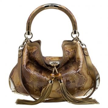 Pre Owned Gucci Metallic Gold Python Large Indy Top Handle Bag