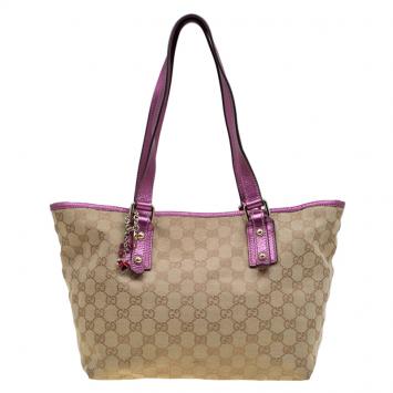 Pre Owned Gucci Beige/Magenta GG Canvas Jolicoeur Tote
