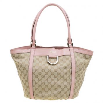Pre Owned Gucci Beige/Pink GG Canvas D Ring Tote