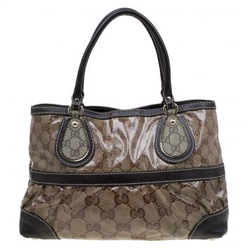Pre Owned Gucci Brown/Ebony GG Crystal Coated Canvas Mix Tote